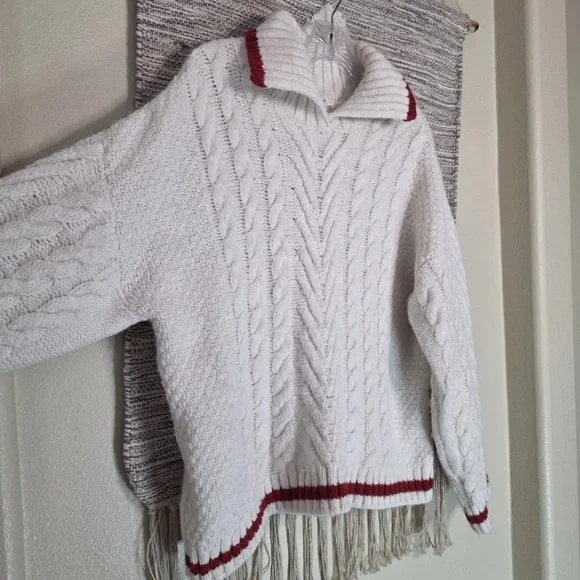 Mango White Cable Knitted Sweater, Red Striped, Preppy, Women's Size Medium - Picture 4 of 8